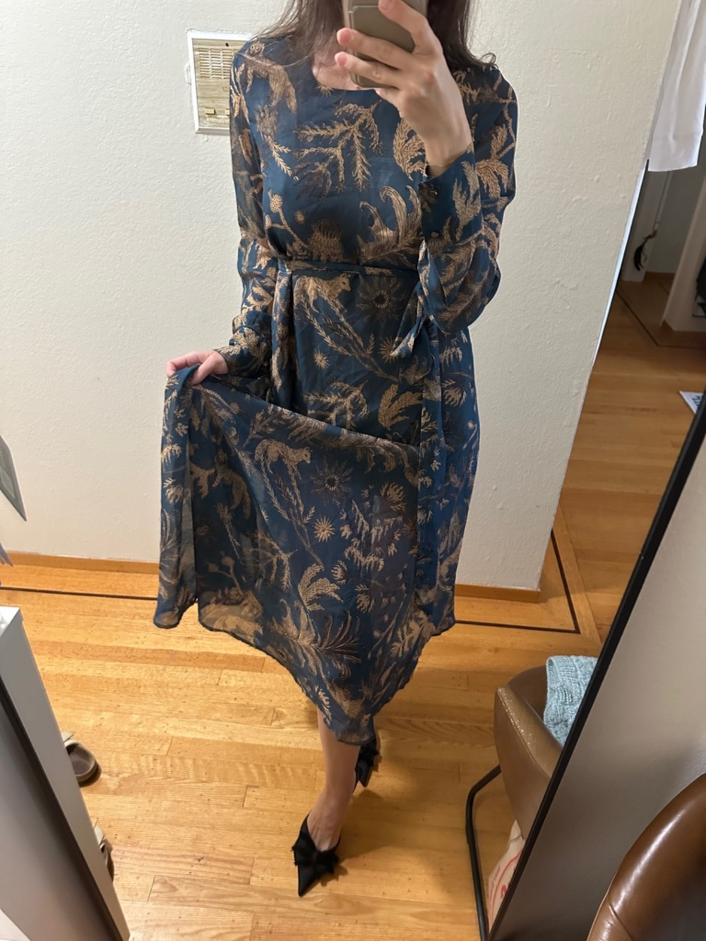 Eve&Esther - Teal Floral Tie-Waist Midi Dress, size S
